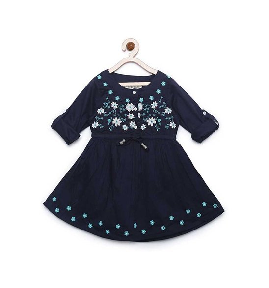 Girls Midi/Knee Length Casual Dress  (Blue, Roll-up Sleeve)